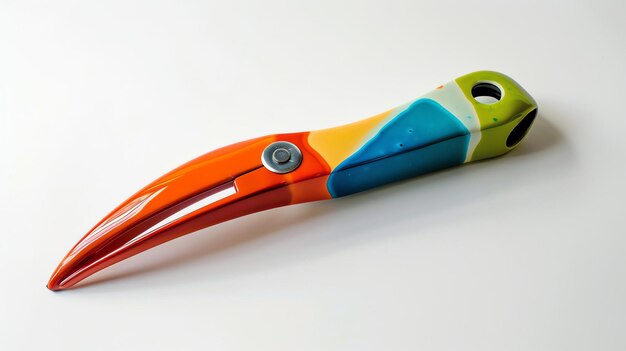 Photo assistant a 3d rendering of a toucanshaped letter opener the letter opener is made of metal and has a glossy multicolored finish