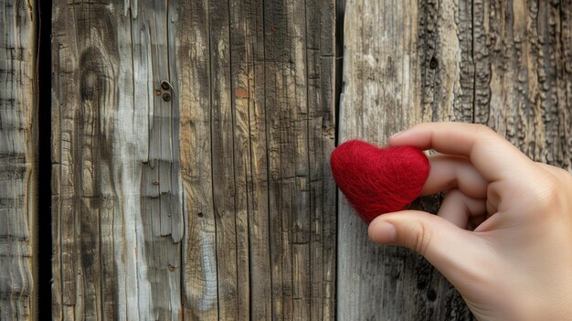 Foto un'assistente con una mano che tiene un oggetto rosso a forma di cuore di fronte a uno sfondo di legno il cuore potrebbe rappresentare l'amore, l'affetto o la carità