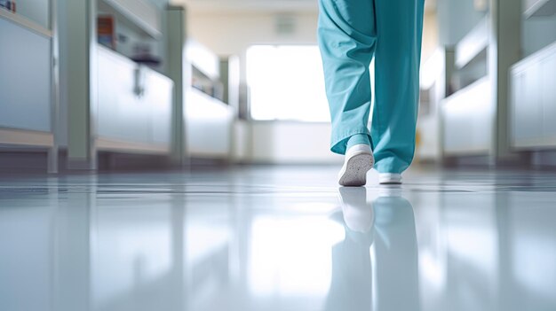 Assistant legs walking in hospital Selective focus at the leg and blurred background with copy space in modern hospital epoxy floor Generative AI