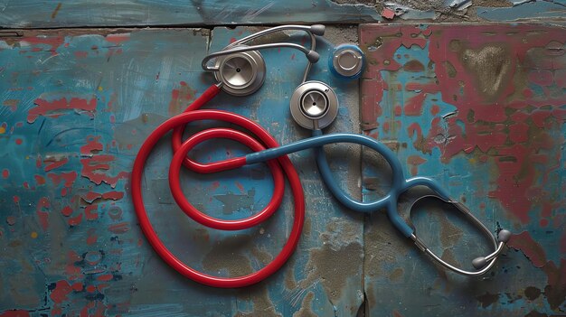 Photo assistant a red and a blue stethoscope on a rustic blue background