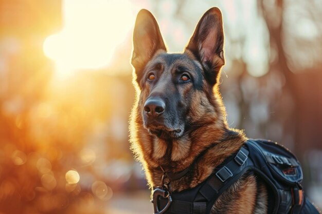 Assisting Authorities In Urban Settings The German Shepherd Dog Equipped With A Harness In Sunlit C