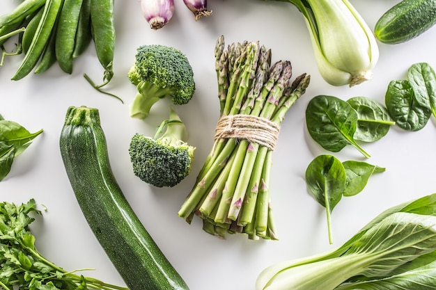 Photo assorment of fresh green vegetables - top of view.