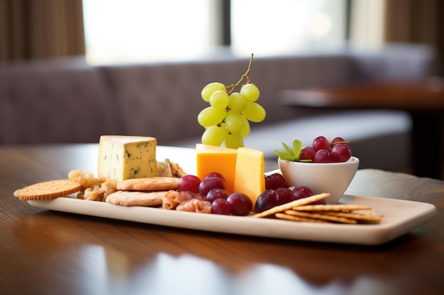 Assorted aged cheeses platter with grapes and crackers