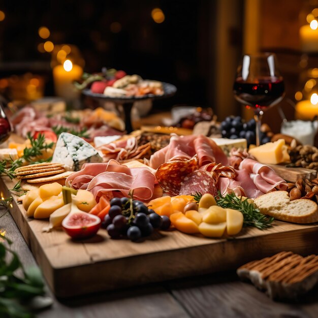 Assorted appetizers on a wooden table with glasses of white wine