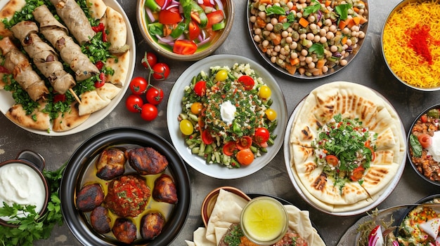 Assorted of Arabic oriental dishes top view with close up Ai Generative