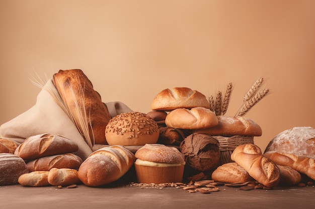 Assorted bakery products loaves of bread buns on a light background ai generative