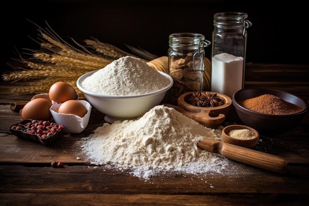 Assorted baking ingredients on a wooden countertop