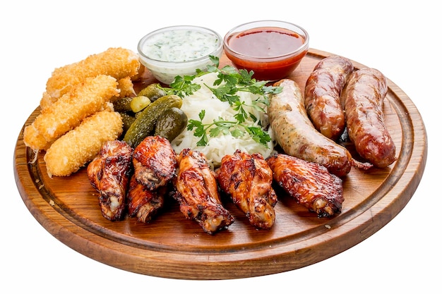 Assorted beer snacks Cheese sticks pickled cucumbers grilled sausages sauerkraut chicken wings