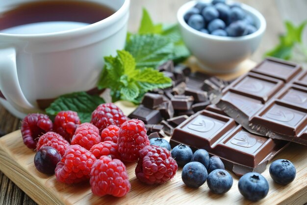 Assorted berries and dark chocolate on a white plate