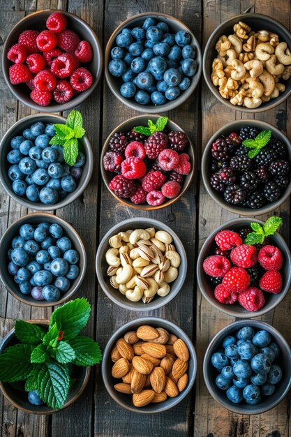 Photo assorted berries and nuts top view