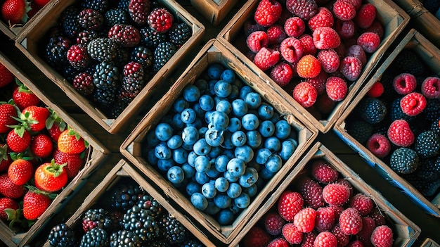 Assorted Berries Packed in Boxes at a Farmers Market