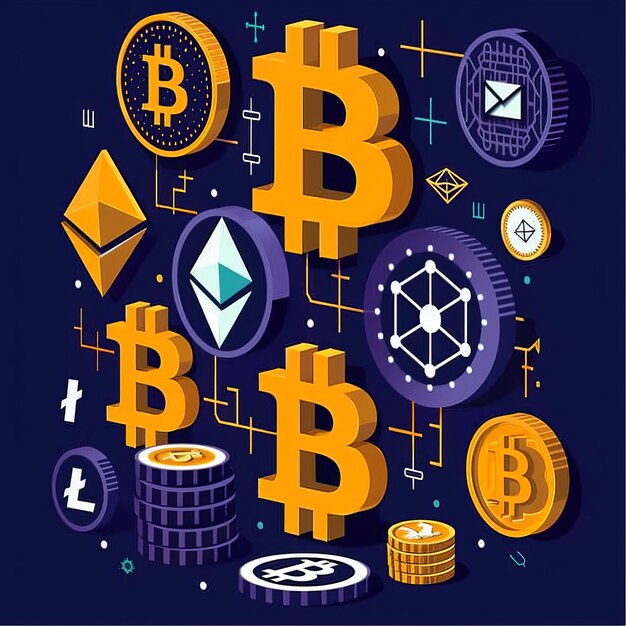 Assorted Bitcoins and Coins on Blue Background