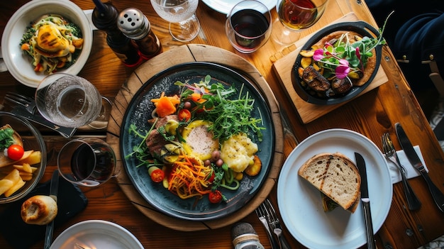 An assorted brunch table with sandwiches salads and pastries in a cozy restaurant setting