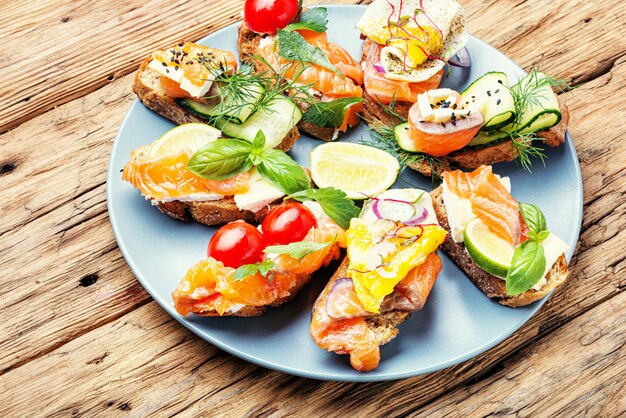 Assorted bruschetta with fish