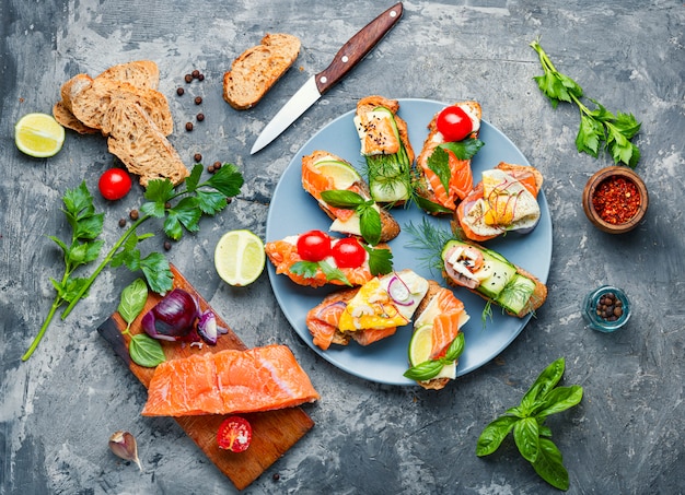 Assorted bruschetta with fish