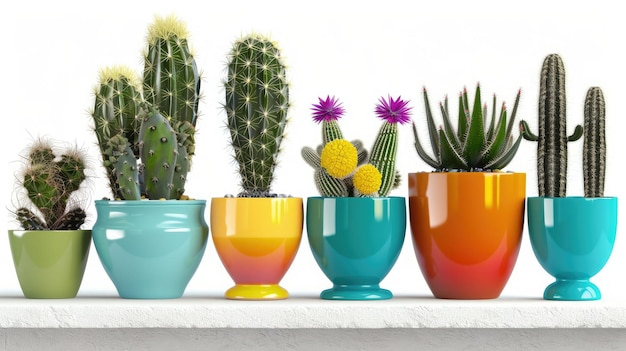 Assorted cactus plants displayed in an array of colorful pots creating a cheerful and