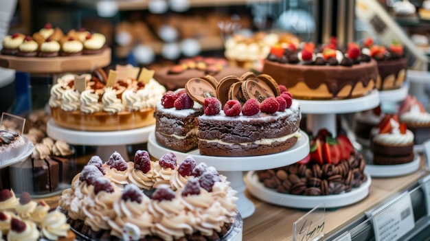 assorted cakes and pastries in bakery display