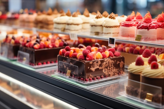 Assorted cakes in a shop window for sale