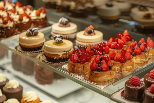 Assorted cakes in a shop window for sale