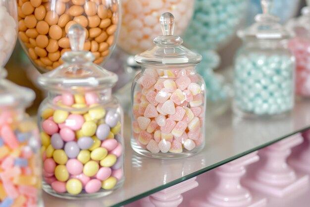 Photo assorted candy favor jars on a pastel dessert table