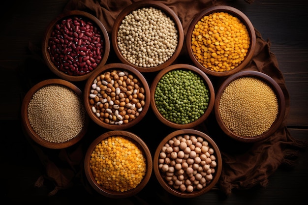 Assorted cereals and legumes in wooden bowls from above view