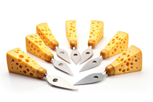 Assorted Cheese Knives and Cheese Wedges on White Background On a White or Clear Surface PNG Transparent Background