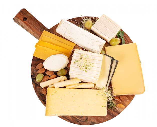 Assorted cheeses on a board