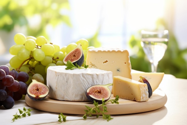 Foto formaggi assortiti su un piatto con uva e fichi un concetto di cibo primaverile su uno sfondo leggero e soleggiato illustrazione generativa di ia