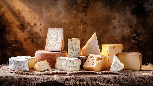 Assorted Cheeses Platter on Wooden Plate