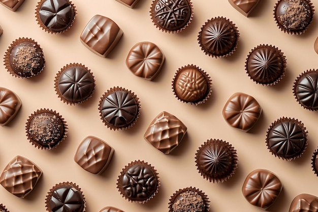 Foto caramelle al cioccolato assortite su sfondo rosa vista dall'alto praline al ciocconato piatte dolci al cioccolate fatti a mano