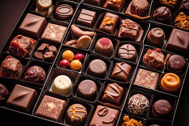 Assorted chocolates in a box Chocolate candies Generative AI