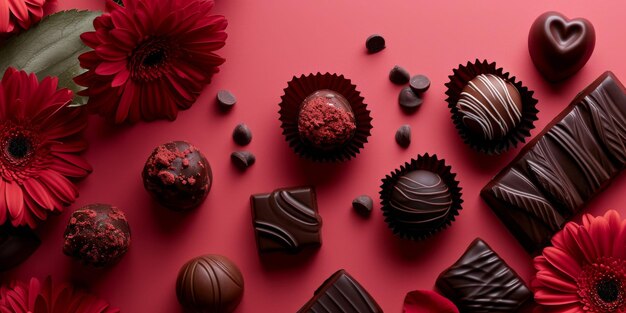 Assorted Chocolates and Flowers on a Red Background