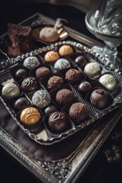 Photo assorted chocolates on a tray ai