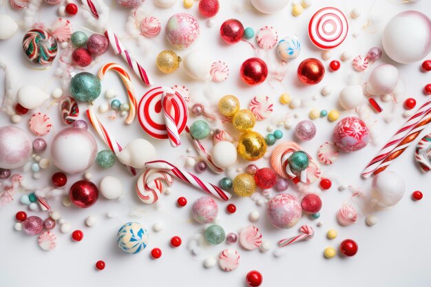 Assorted christmas ornaments on a white background