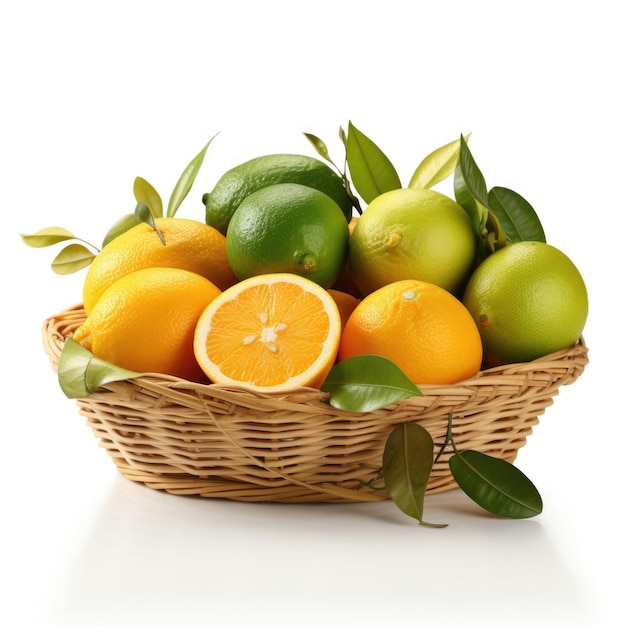 Assorted citrus fruits lemons limes and oranges in a basket isolated Generative AI