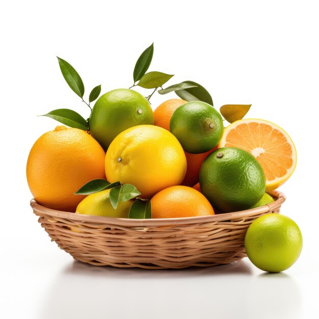 Assorted citrus fruits oranges lemons and limes in a ceramic basket isolated Generative AI