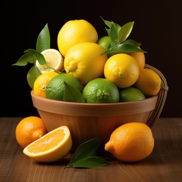 Различные цитрусовые фрукты апельсины лимоны и лайма в керамической корзине изолированы Генеративный ИИ