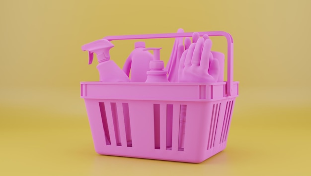 Assorted cleaning products all in pink on a yellow background d rendering