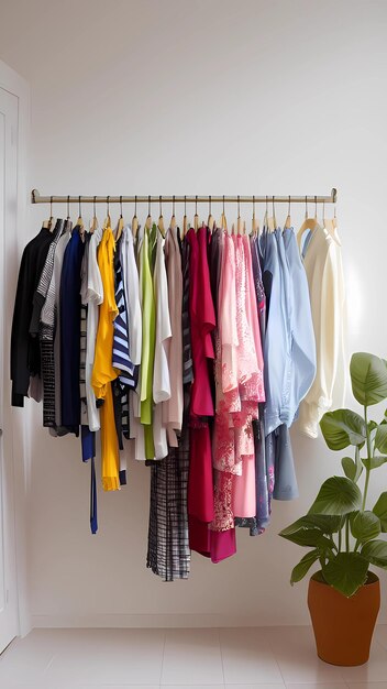 Assorted clothes on rack hangers wardrobe