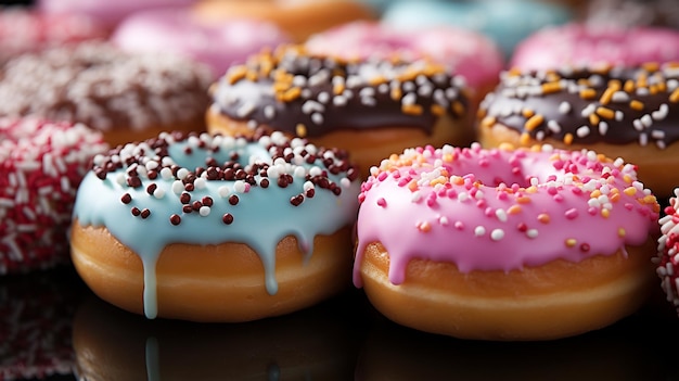 Assorted and collage of delicious glazed donuts a popular dessert TOP view photo for pastry shop