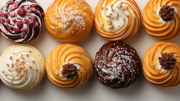 Assorted and collage of delicious glazed donuts a popular dessert TOP view photo for pastry shop