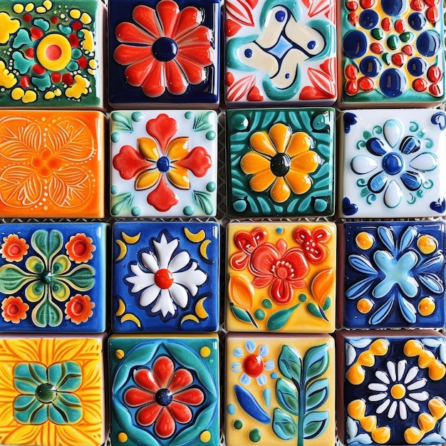 Различная коллекция вручную окрашенных керамических плиток Talavera с традиционными цветочными рисунками