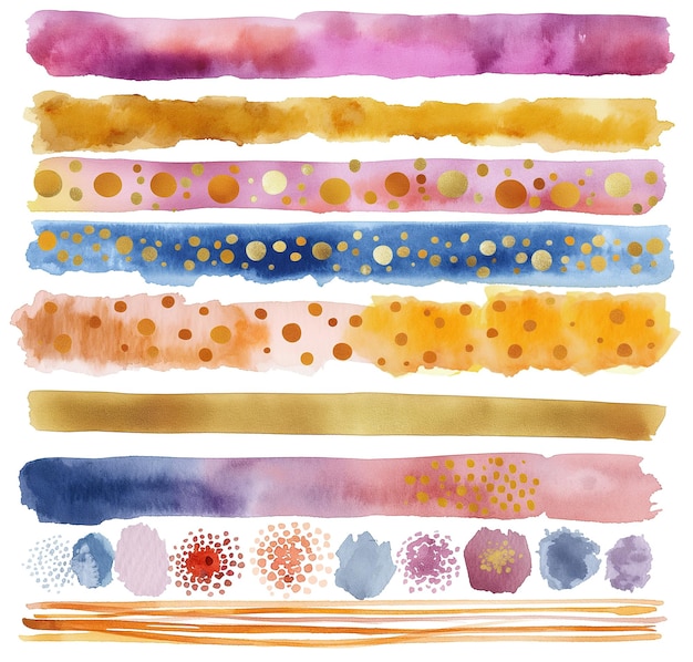 Photo assorted collection of watercolor strips and dots in a palette of vibrant hues for scrapbooking