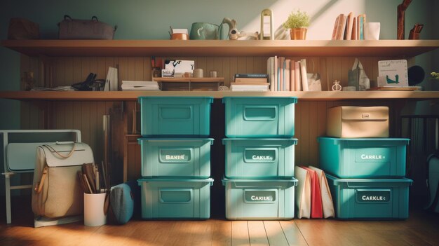 Assorted Colored Bins Fill a Shelf