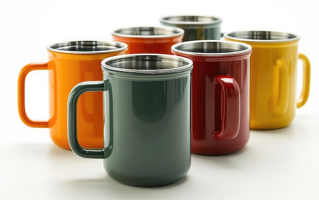 여러 가지 색깔의 컵들이 표면에 함께 늘어서 있다