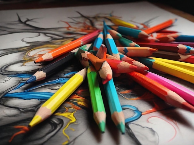 assorted colored pencils and color paints on black table