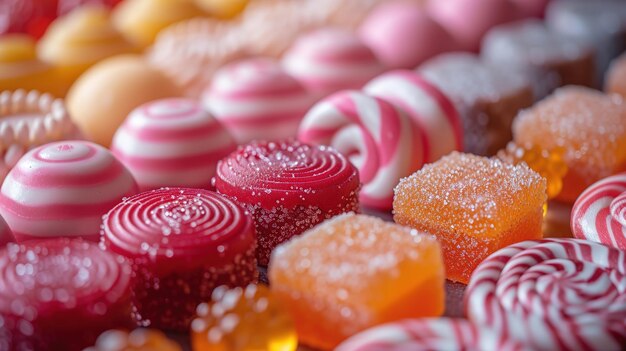 Photo assorted colorful candies background close up