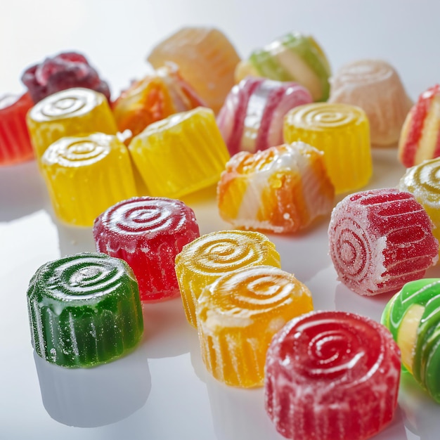 Photo assorted colorful candies on white background selective focus