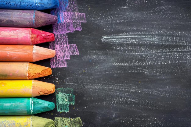 Photo assorted colorful chalks neatly arranged on the left side of a blank blackboard background