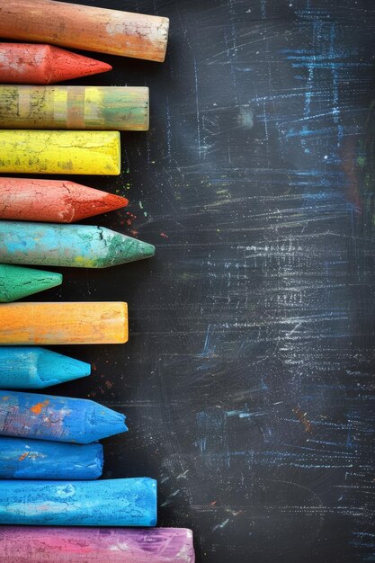 Assorted colorful chalks neatly arranged on the left side of a blank blackboard background